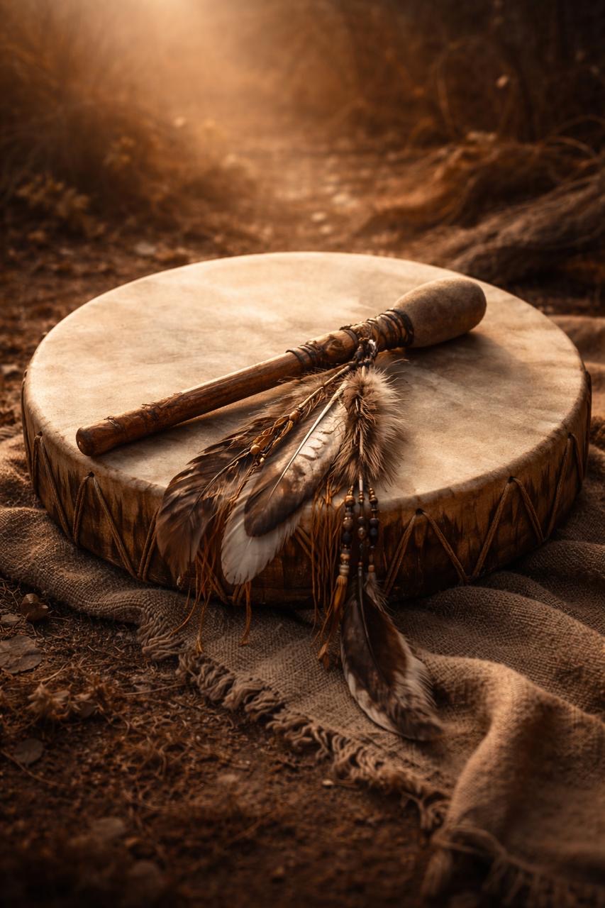 Tambor chamánico con plumas